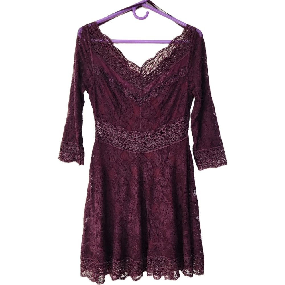 Free People Lace Burgundy Party Event Dress Peekaboo Lace Cocktail Sz M - Picture 5 of 9